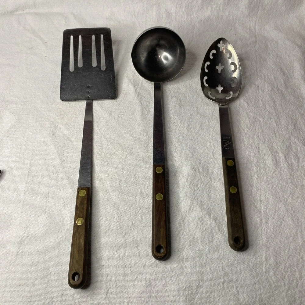 Lot Of Vintage Utica Slotted Spoon, Ladle And Spatula Wooden Handles Please Read